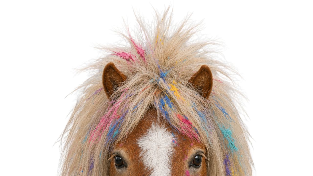 A shetland pony face viewed from the eyes up, chestnut with poofy flaxen forelock filled with multicolored paint splatters, ears perked forward.